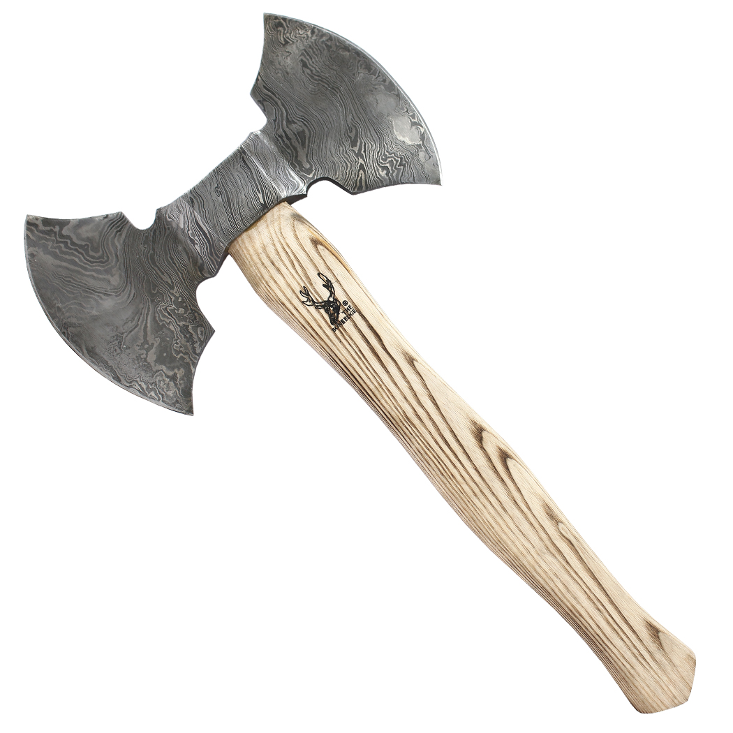 14169 20.5 in. Double Edge Damascus Blade with Sheath Hunting Axe - Ash Wood Handle
