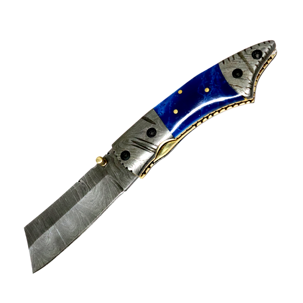 13839 7.5 in. Damascus Blade Folding Knife - Brown Horn Handle Handmade Sheath