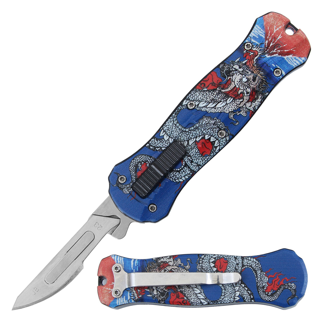 14244 5.5 in. Dragon Design Handle Replaceable Blade Folding Scalpel Knife with Blades