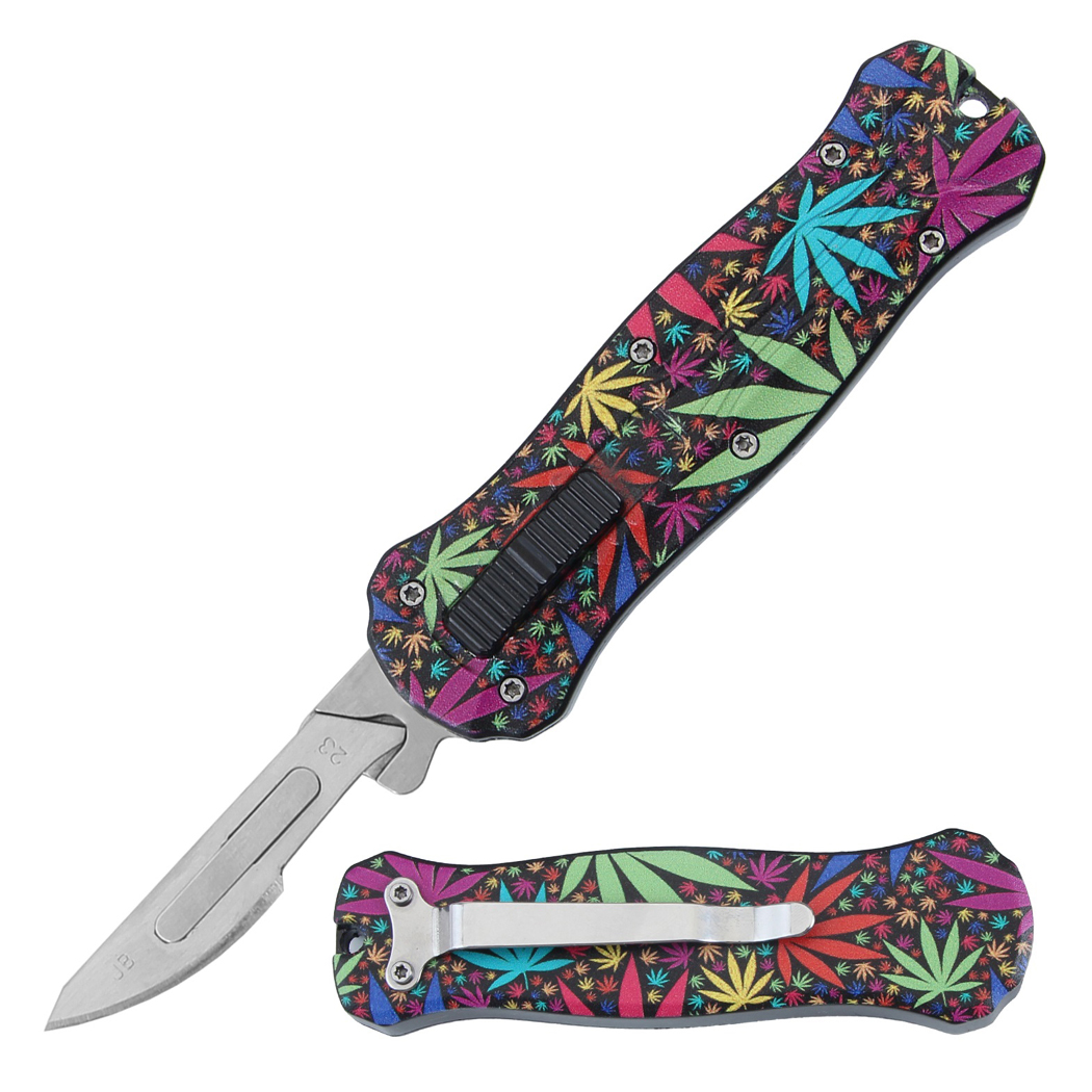 14245 5.5 in. Leaves Design Handle Replaceable Blade Folding Scalpel Knife with Blades - Multi Color