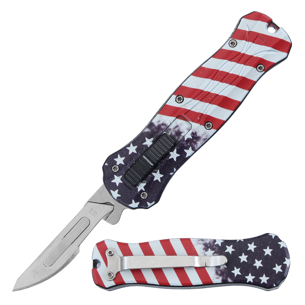 14246 5.5 in. USA Flag Design Handle Replaceable Blade Folding Scalpel Knife with Blades
