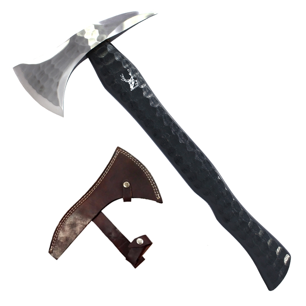 14143 17.5 in. Steel Forging Handle & Blade Hunting Axe - Leather Wrapped Handle with Sheath