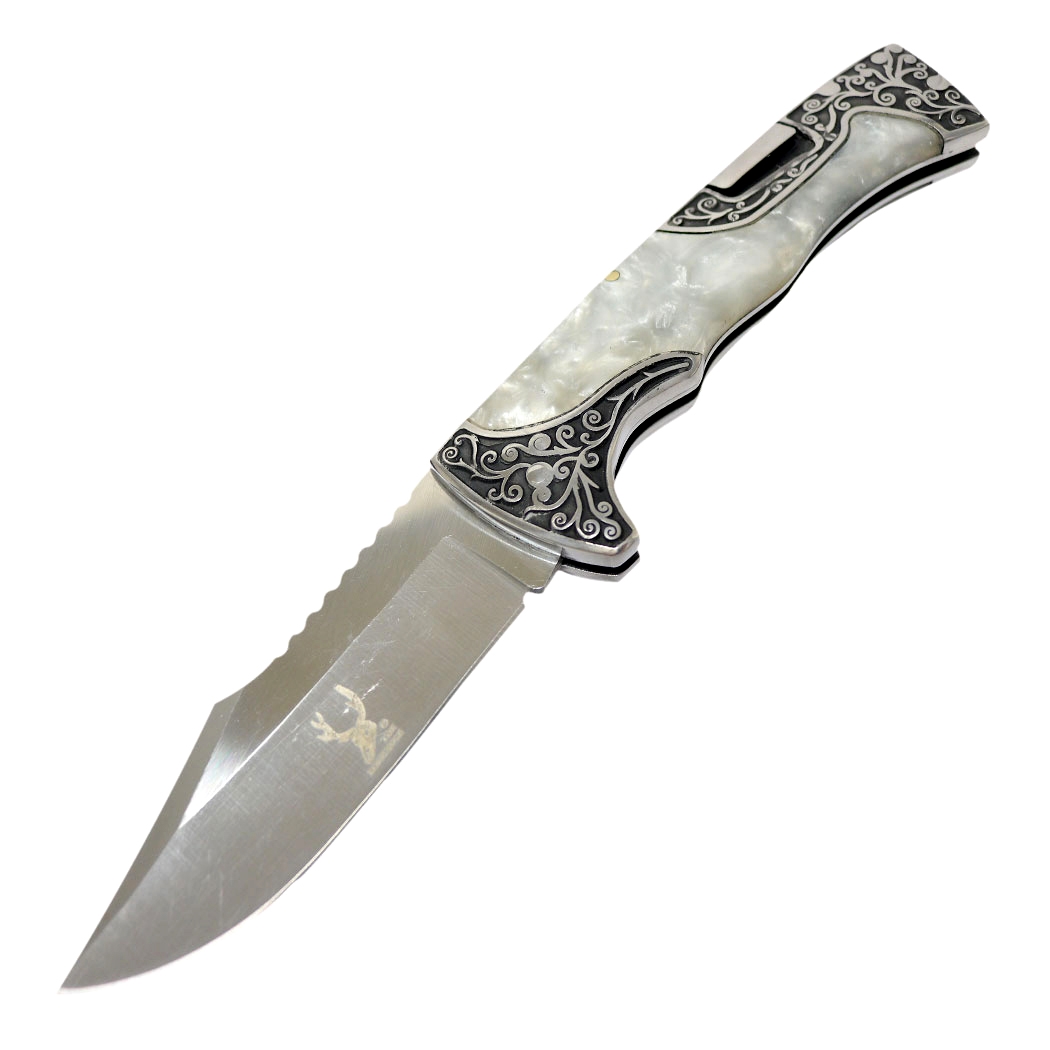 13362 9 in. Stainless Steel Classic Western Folding Knife - White Pearl Handle