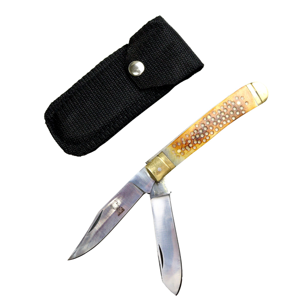 13892 7.5 in. Practical Dual - Bladed Trapper Folding Pocket Knife with Nylon Sheath