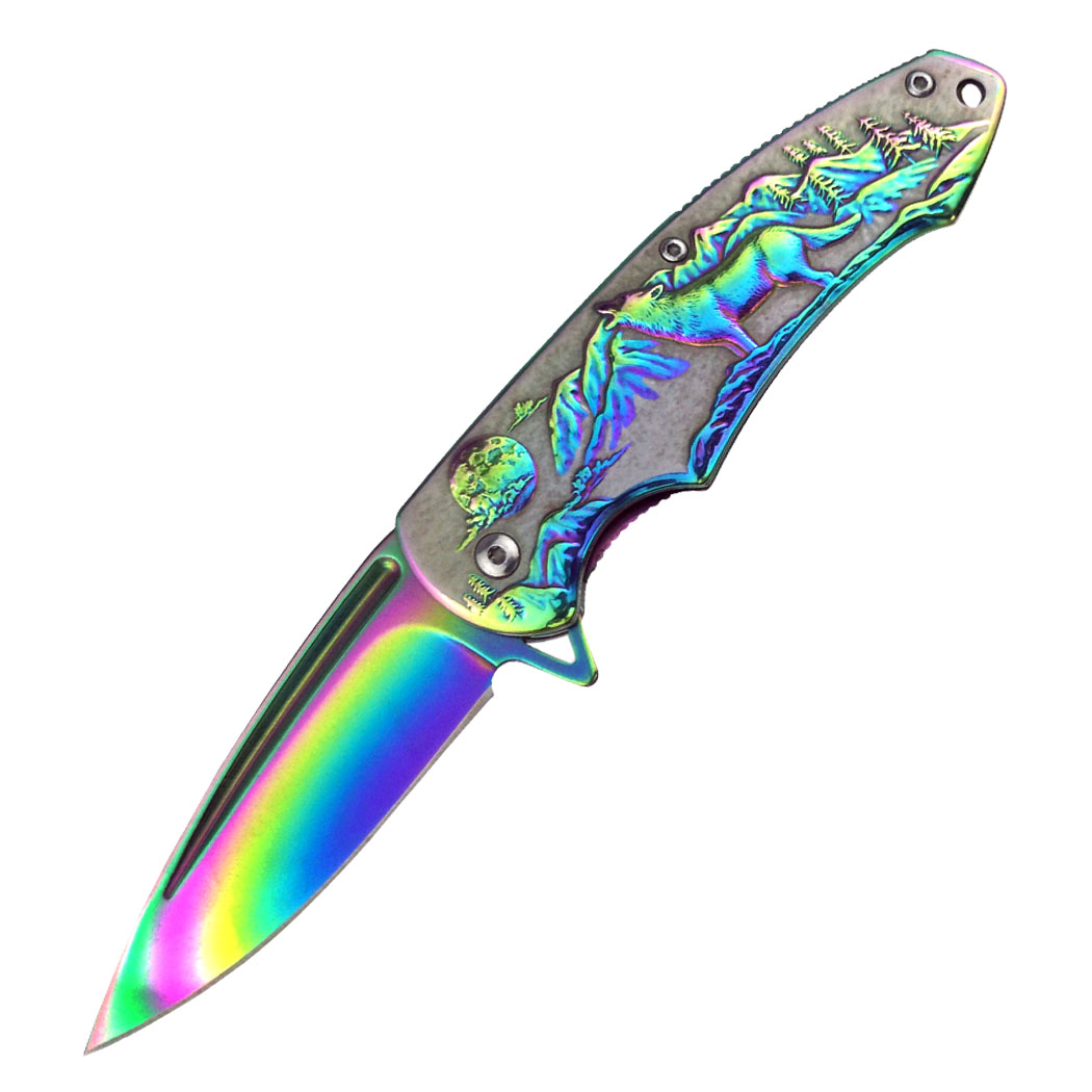 14278 8 in. Fantasy 3D Sculpted Wolf Handle Spring Assisted Folding Knife with Belt Clip - All Rainbow Color