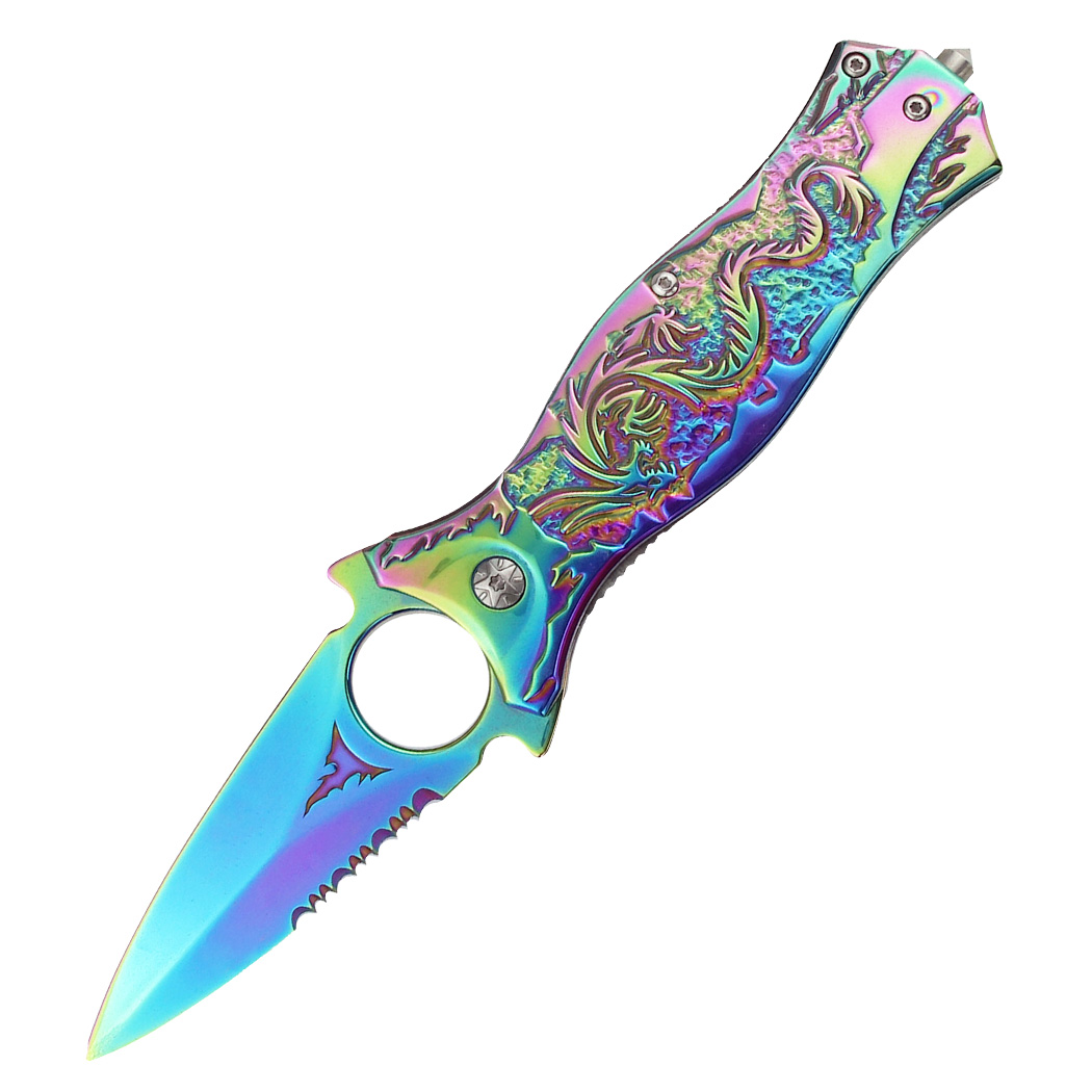 14279 8 in. Fantasy Sculpted Dragon Art Handle Spring Assisted Folding Knife with Belt Clip - All Rainbow Color