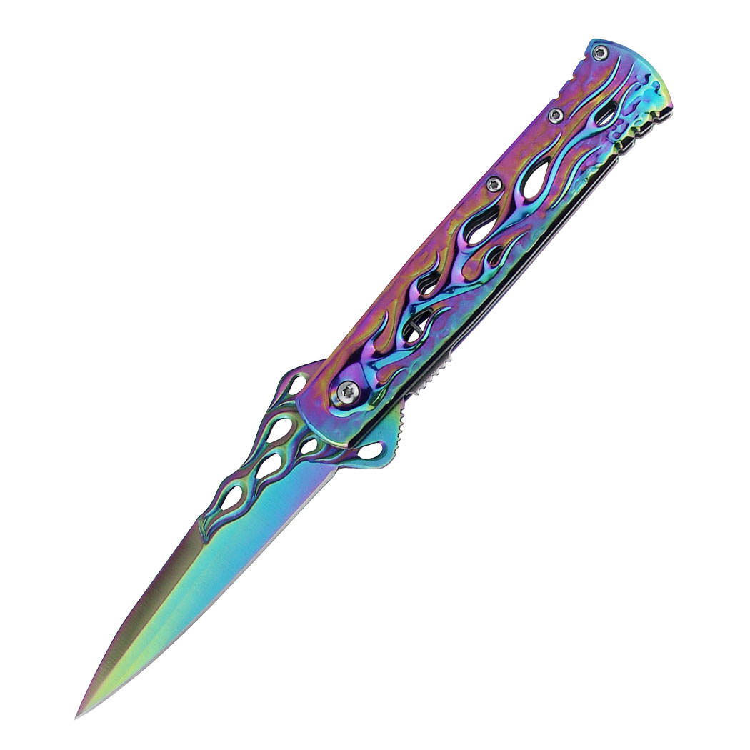 14281 9 in. Flame Handle Spring Assisted Folding Knife with Belt Clip - Rainbow Color