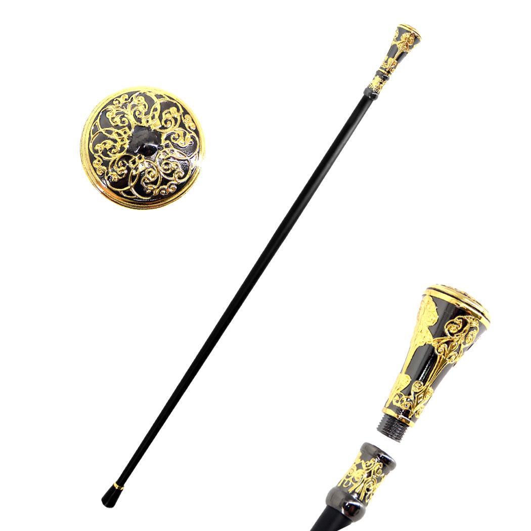 Picture of Defender 14295 35.5 in. Strong Iron Pipe Walking Stick Cane with Golden Flower Pattern Handle Brass Grip