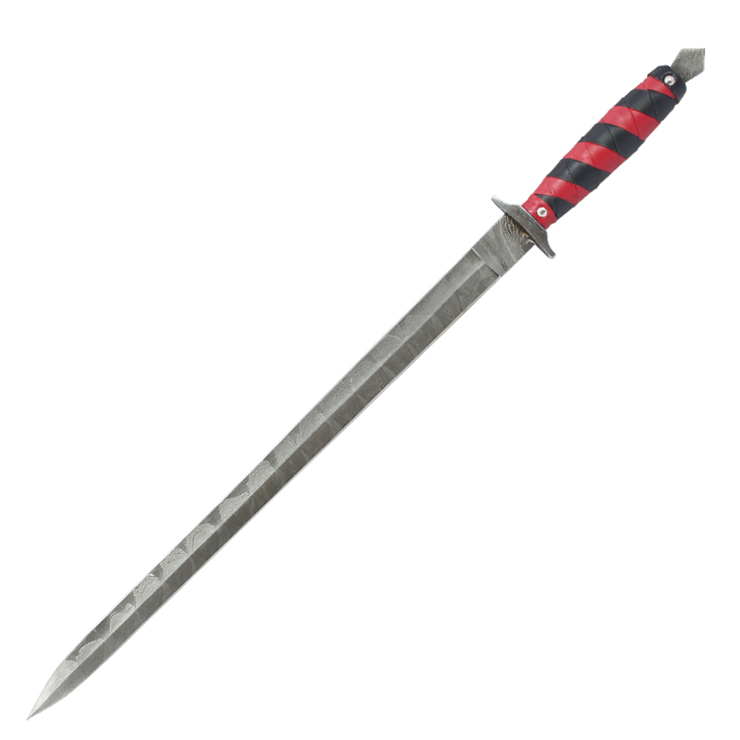14329 28 in. Damascus Blade Mini Sword with Leather Wrap Handle & Sheath - Red & Black