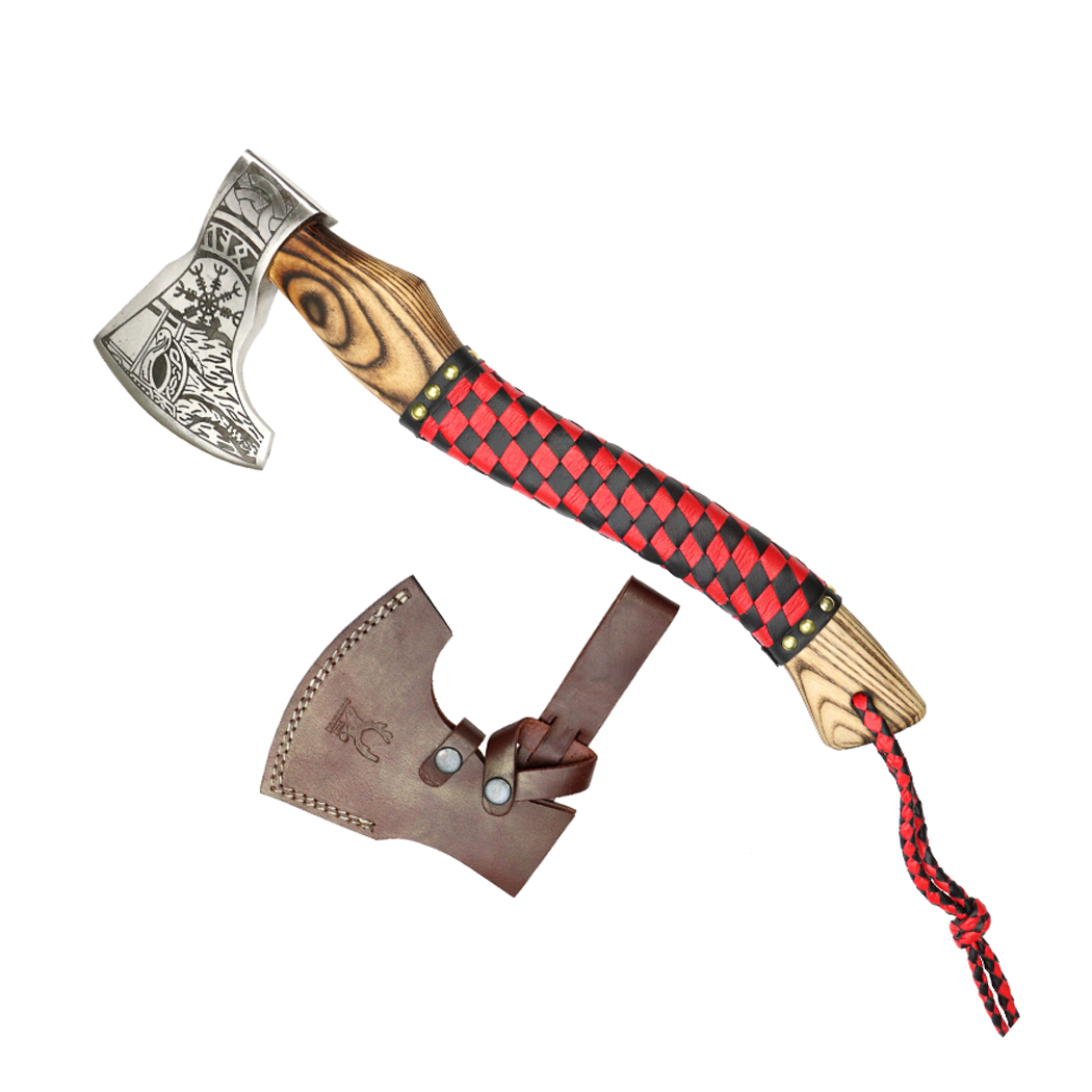 13913 17.5 in. Steel Blade Hunting Axe Red & Black Leather Wrapped Handle with Sheath - Red & Black