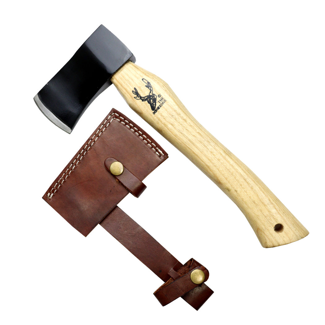 13916 12 in. Black Steel Blade Hunting Axe - Wood Handle with Sheath - Brown