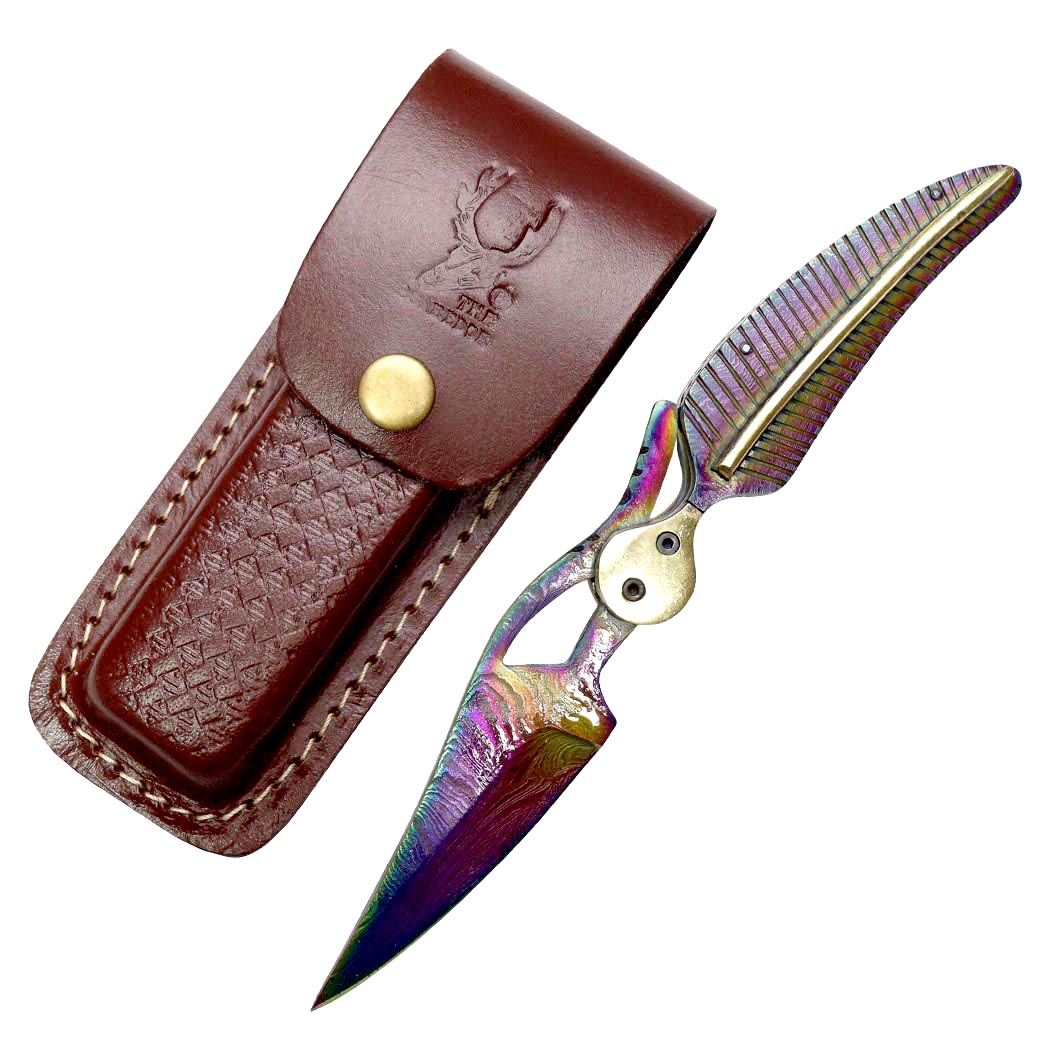 13953 9 in. Damascus Blade Leaf Design Handle Folding Knife with Leather Sheath - Multi Color