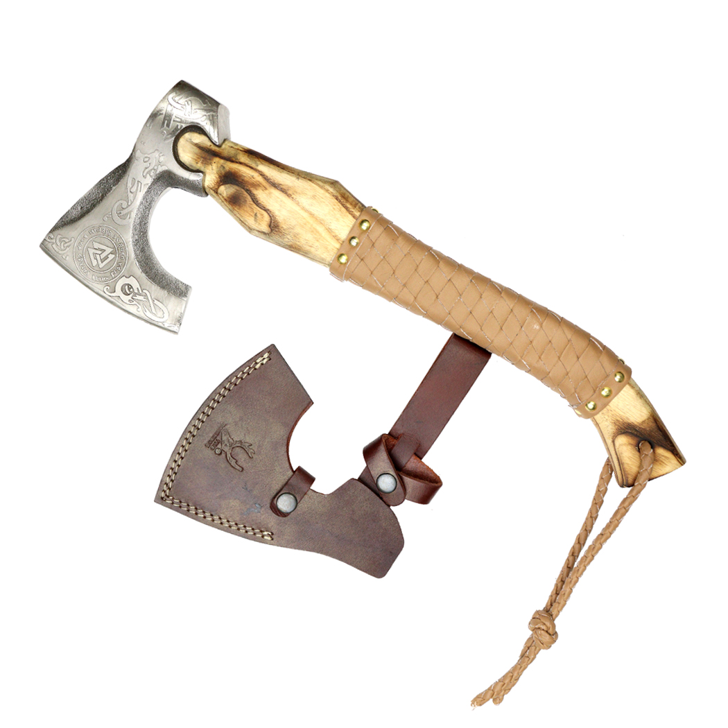 13956 17.5 in. Steel Etching Blade Hunting Axe - Leather Wrapped Handle with Sheath - Brown