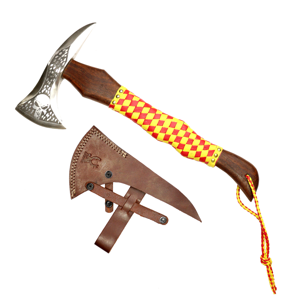 13985 17.5 in. Hunting Axe - Leather Wrapped Handle with Sheath - Red & Yellow