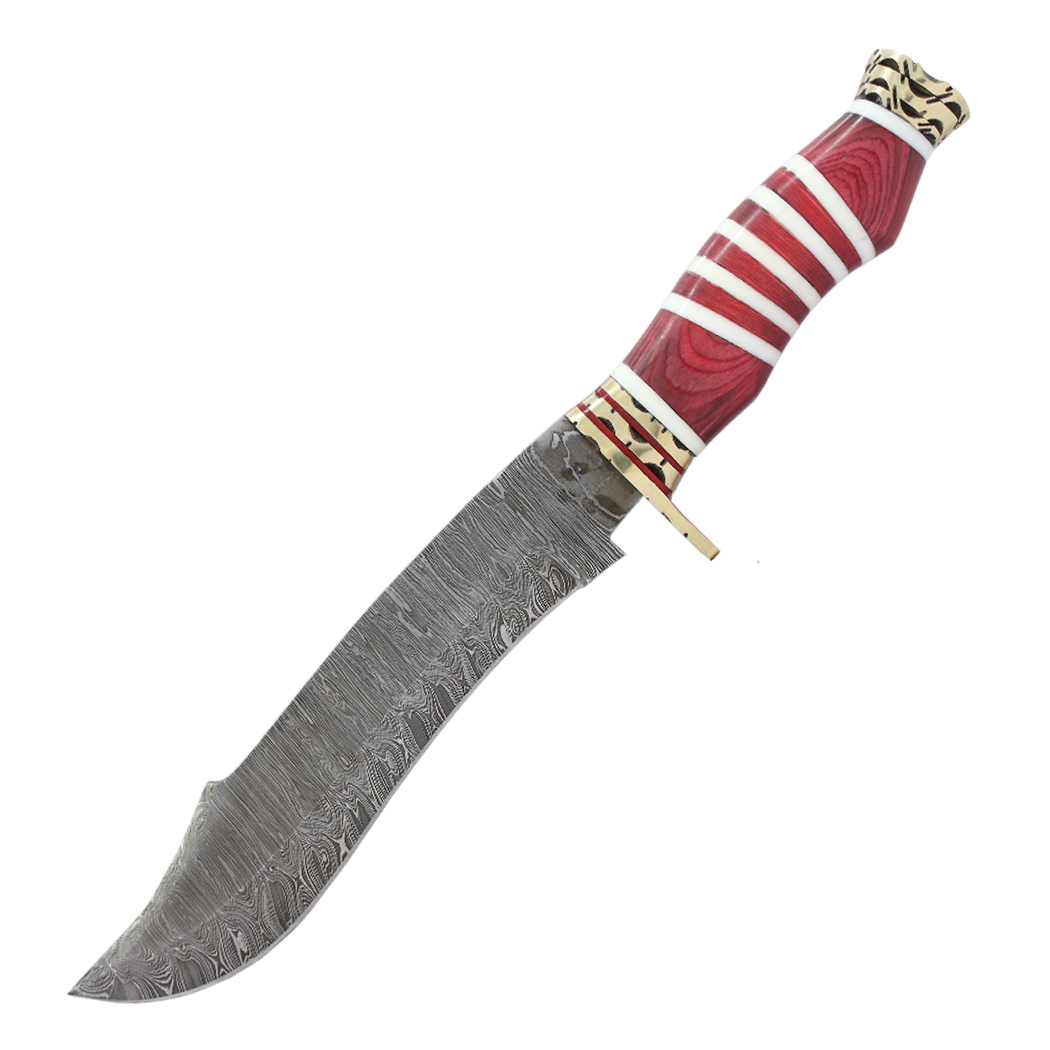 14337 13 in. Damascus Blade Hunting Knife Handle with Leather Sheath - White & Red