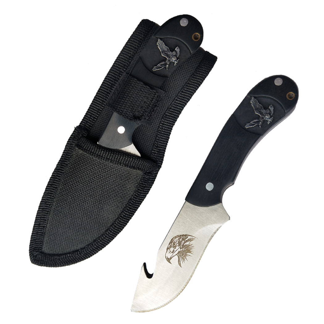 14409 6 in. Eagle Pattern Handle Gut Hook Blade Hunting Knife with Nylon Sheath - Black