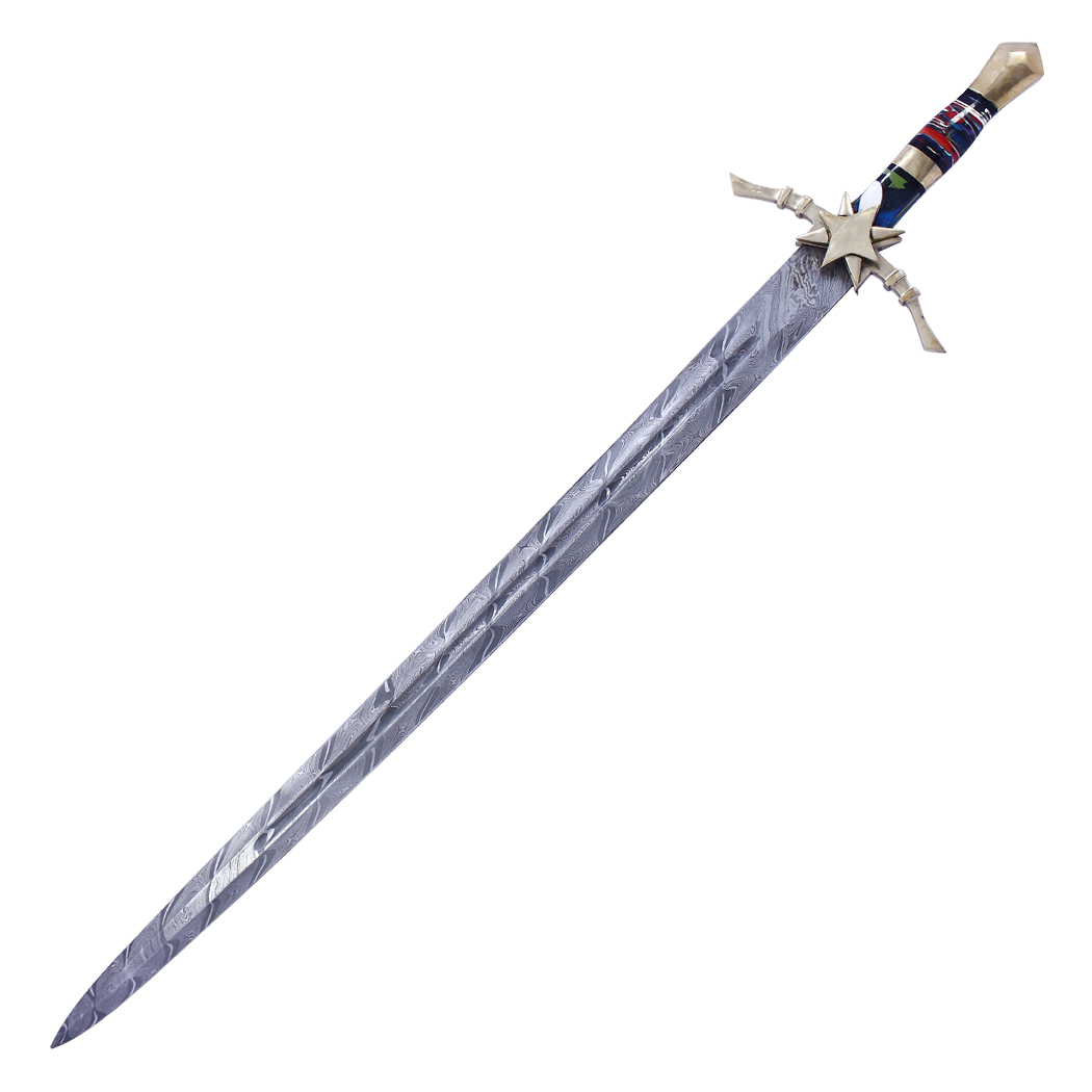 14419 40 in. Damascus Blade Star Style Multi Resin Handle Sword with Genuine Leather Sheath