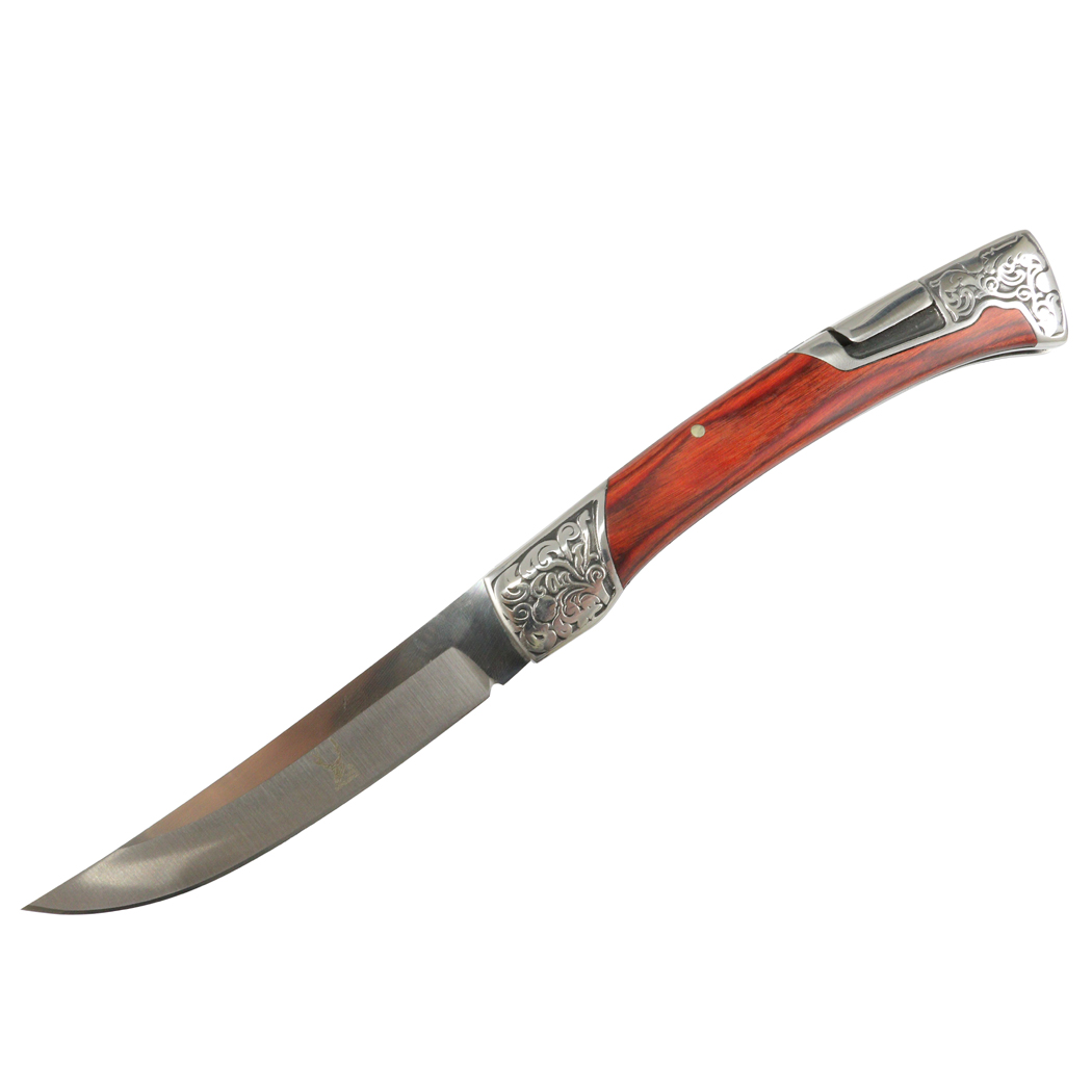 13109 9 in. 3CR13 Steel Engraved Design Folding Knife - Red Rosewood Handle