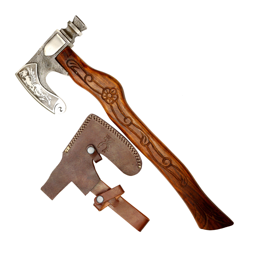 13990 20 in. Dragon Etching Blade Hunting Axe - Wood Handle with Sheath