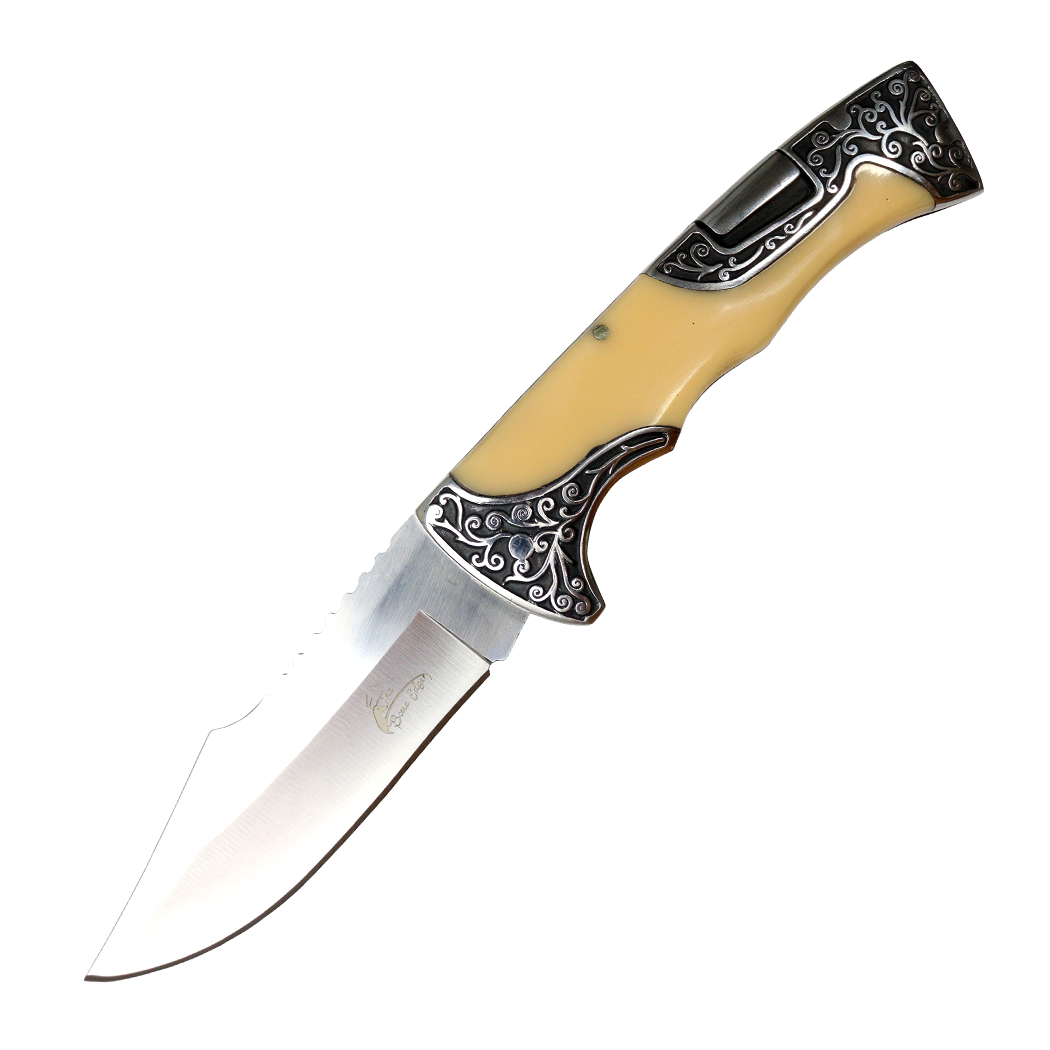 14003 9 in. Jade Resin Handle 3CR13 Stainless Steel Engraved Design Folding Knife - Yellow