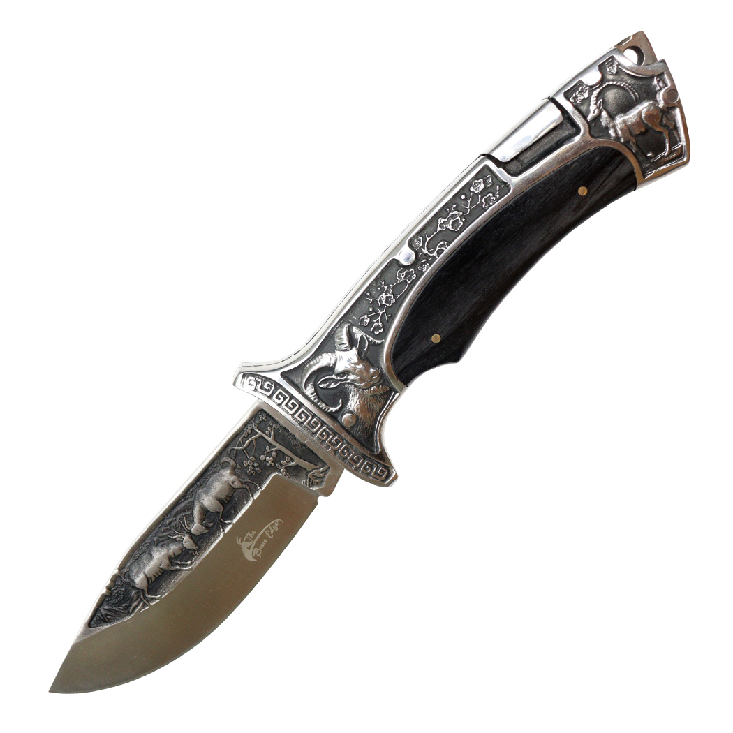14005 9 in. Parkwood Handle 3CR13 Stainless Steel Engraved Design Folding Knife - Black