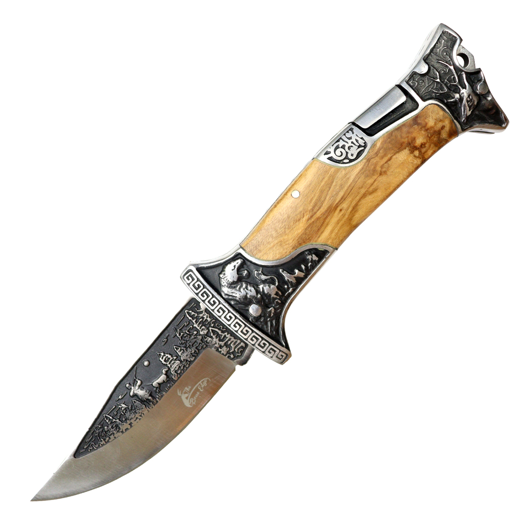 14006 9 in. Wood Handle 3CR13 Stainless Steel Engraved Design Folding Knife - Olive