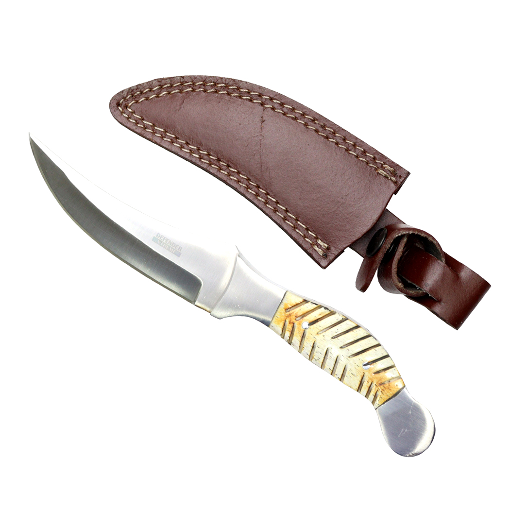 13983 9.5 in. Full Tang Hunting Knife Horn Handle & Leather Sheath