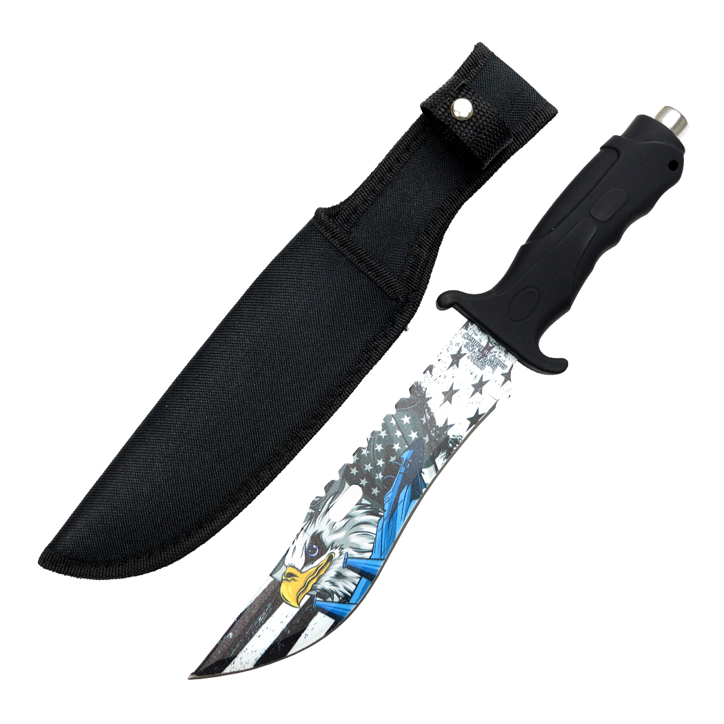 14009 13 in. Flag & Eagle Blade ABS Handle Hunting Knife with Sheath - Black