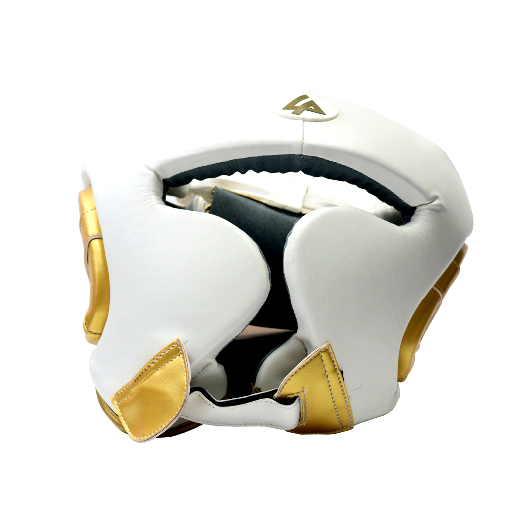 13907 Heavy Duty Cheek Protection Training Boxing Headgear - White & Gold