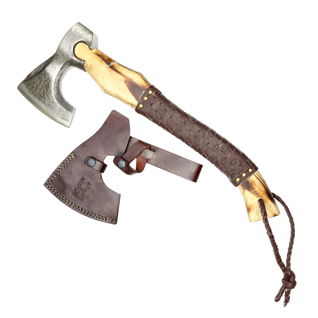 14019 18.5 in. Steel Etching Blade Hunting Axe - Leather Wrapped Handle with Sheath - Dark Brown -