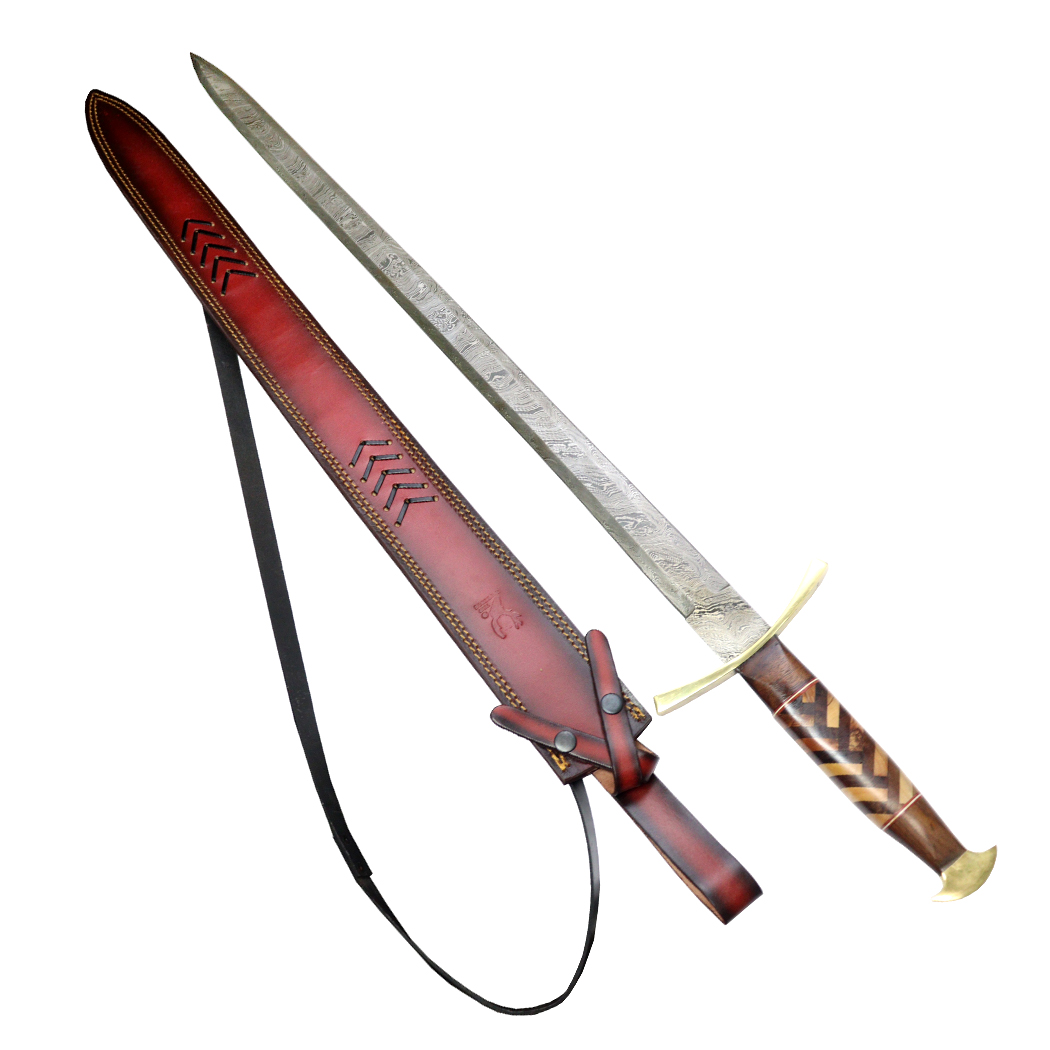 14023 38.5 in. Wood Handle Damascus Blade Sword with Genuine Leather Sheath