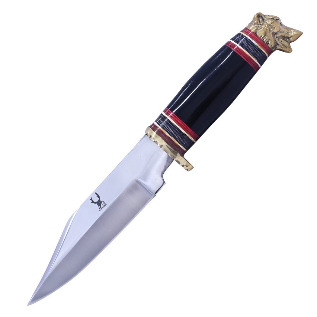 14432 9.5 in. Resin Handle Wolf Head Mirror Finished Blade Hunting Knife with Leather Sheath