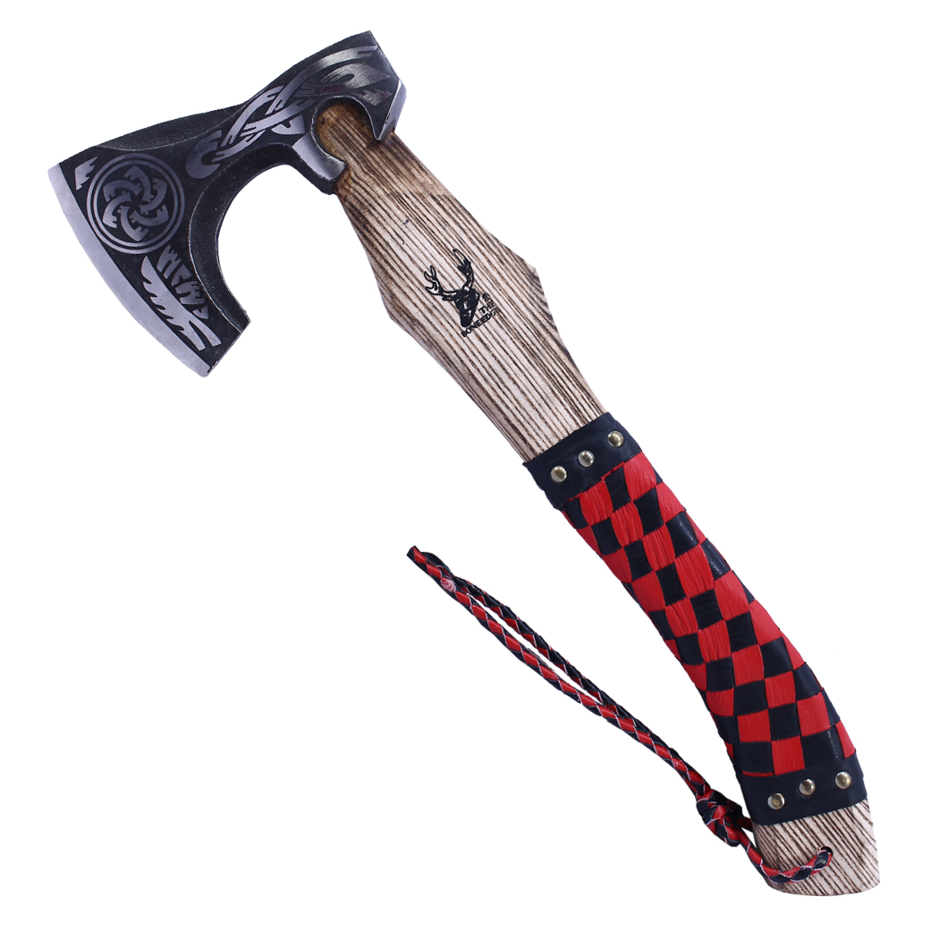 14454 17.5 in. Steel Blade Hunting Axe - Leather Wrapped Handle with Sheath - Red & Black