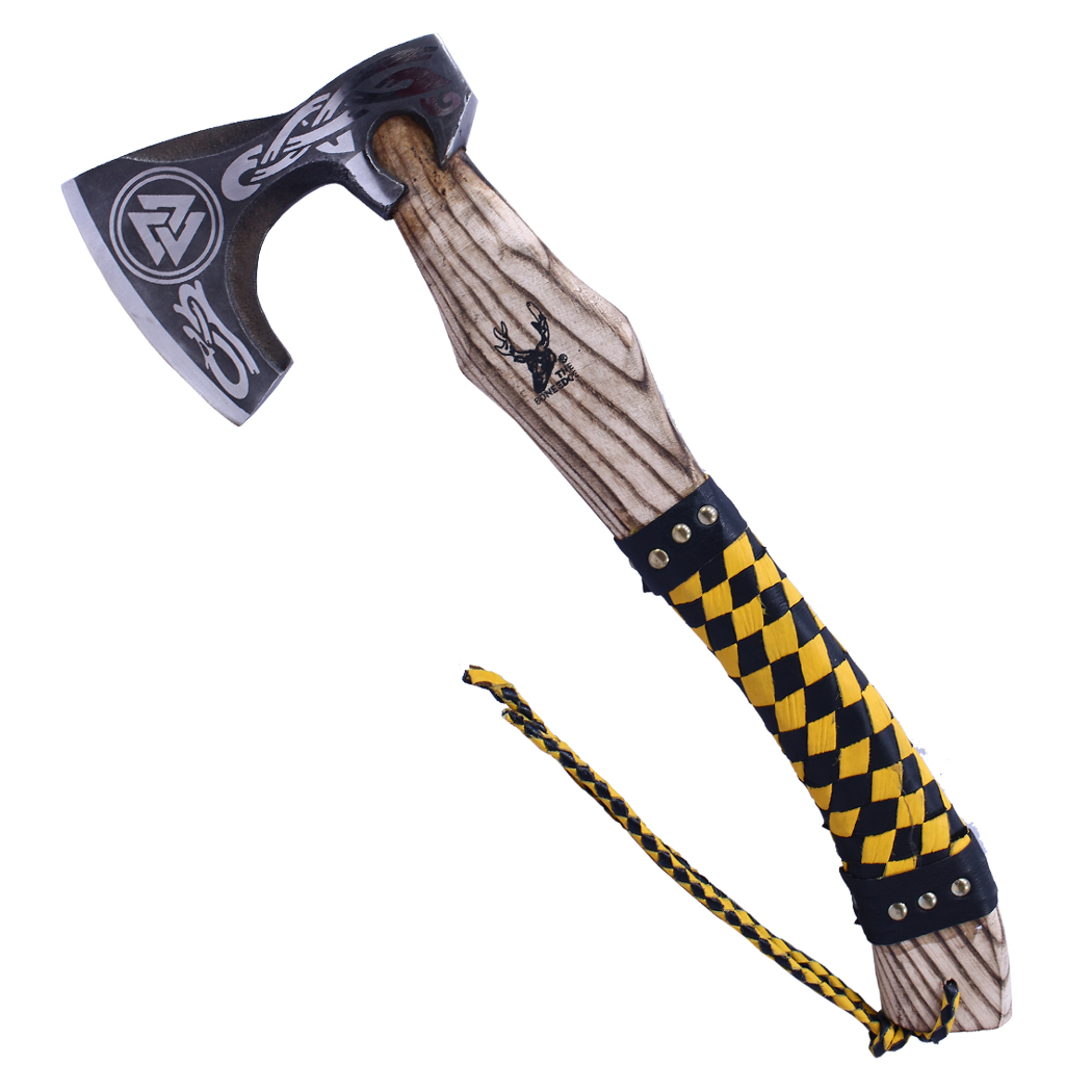 14455 17.5 in. Leather Wrapped Handle Steel Blade Hunting Axe with Sheath, Yellow & Black