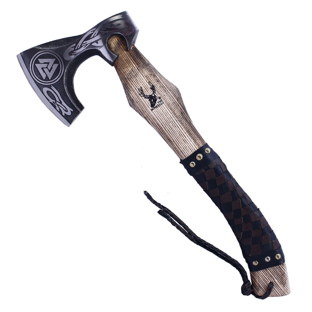 14458 17.5 in. Steel Blade Hunting Axe - Leather Wrapped Handle with Sheath - Black & Brown