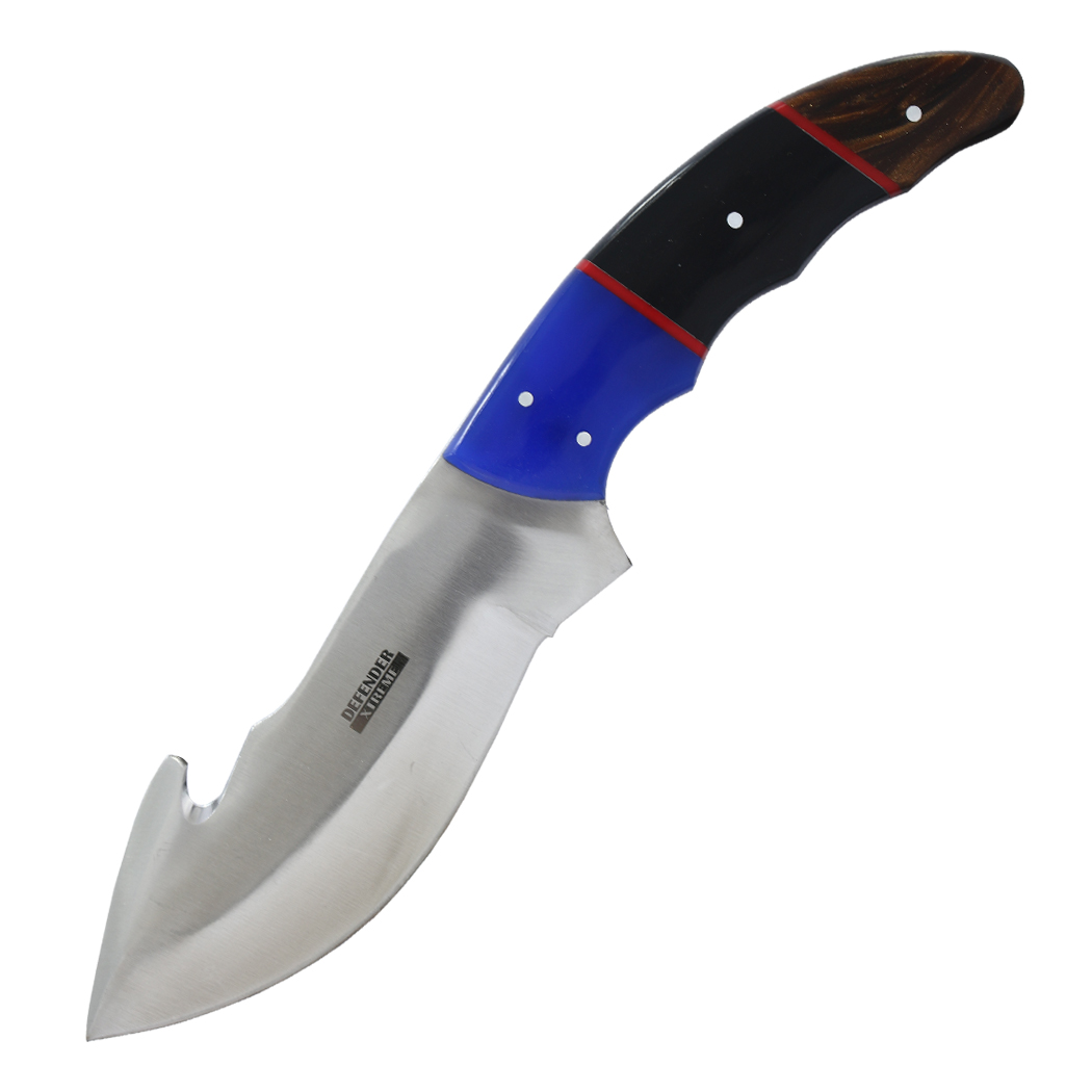 14459 9 in. Resin Handle Gut Hook Blade Hunting Knife with Leather Sheath - Blue, Black & Brown