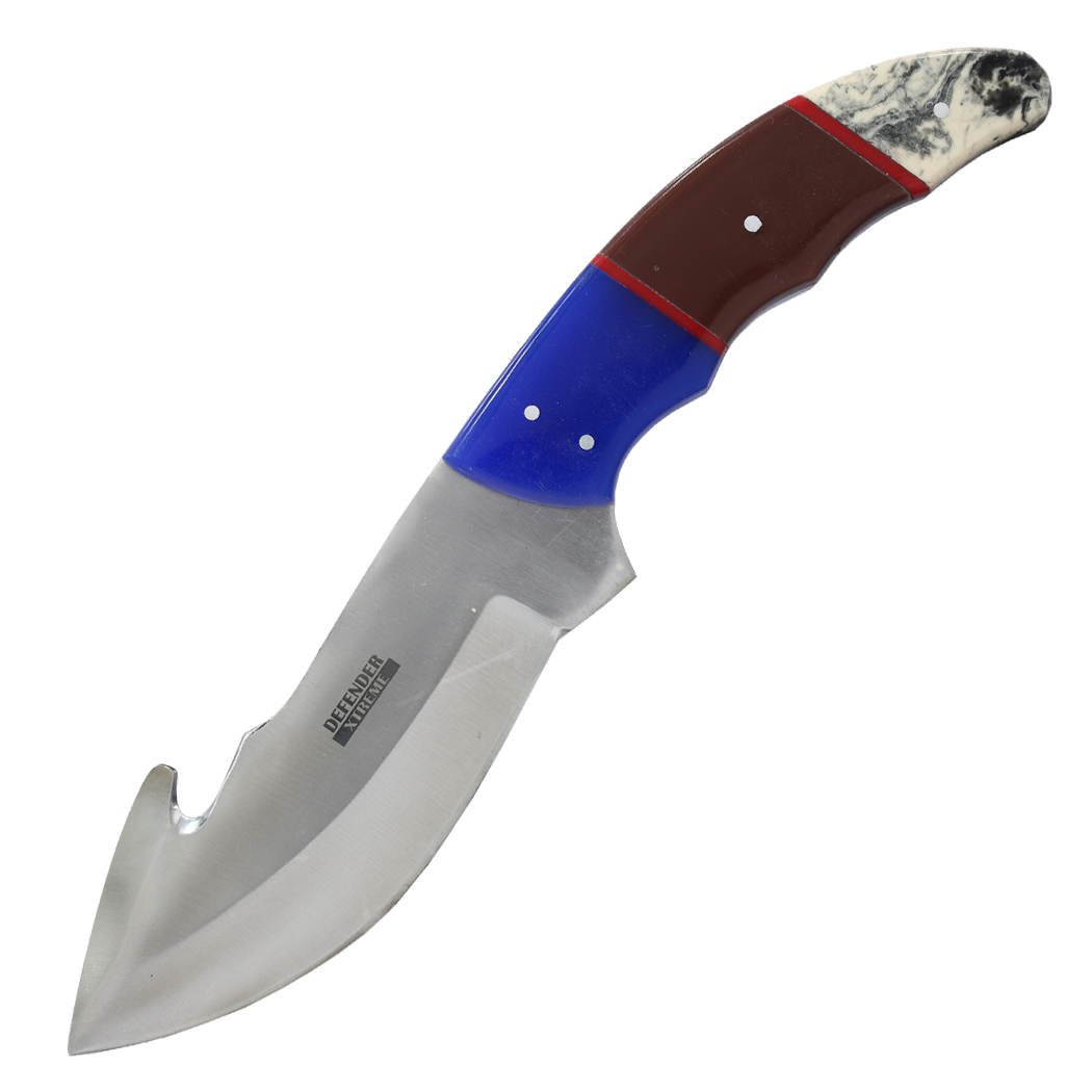 14460 9 in. Resin Handle Gut Hook Blade Hunting Knife with Leather Sheath - Blue, Brown & White