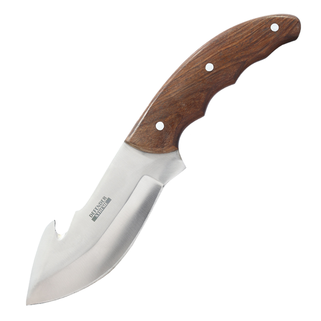 14469 9 in. Wood Handle Gut Hook Blade Hunting Knife with Leather Sheath