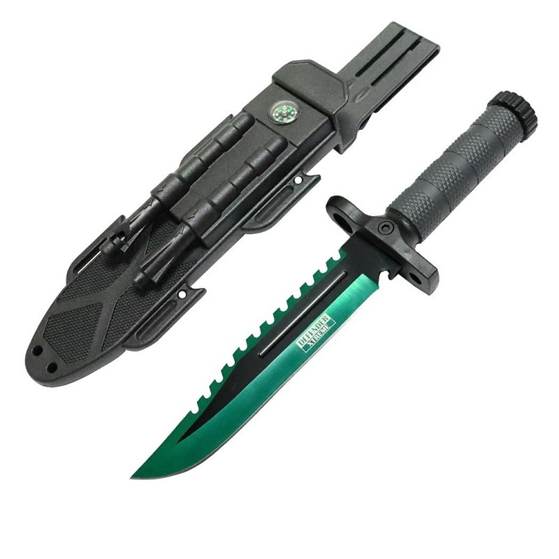 13823 13 in. Survival Knife with Sheath Fire Starter Blade Sharpener Whistle - Green & Black