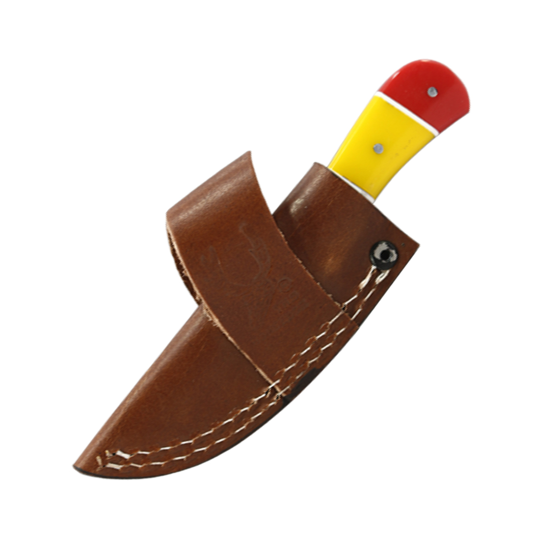 14530 6 in. Red & Yellow Resin Handle Damascus Blade Hunting Knife with Sheath