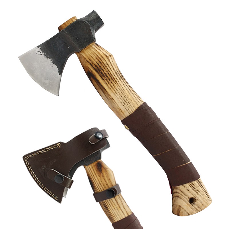 14539 12 in. Throwing Axe Leather Wrapped Handle Hand Forged Hatchet Axe with Sheath