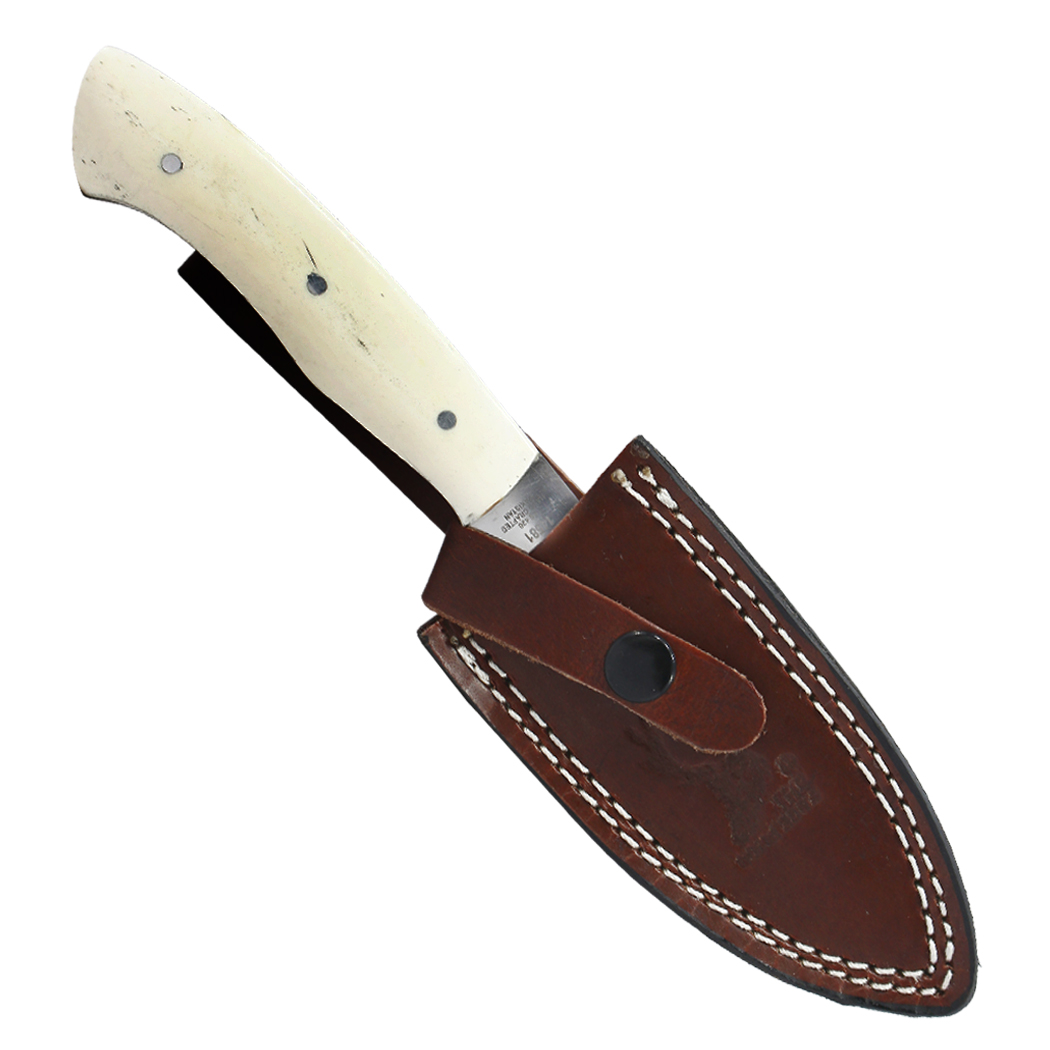 14581 8 in. Bone Handle Stainless Steel Hook Blade Hunting Knife with Leather Sheath