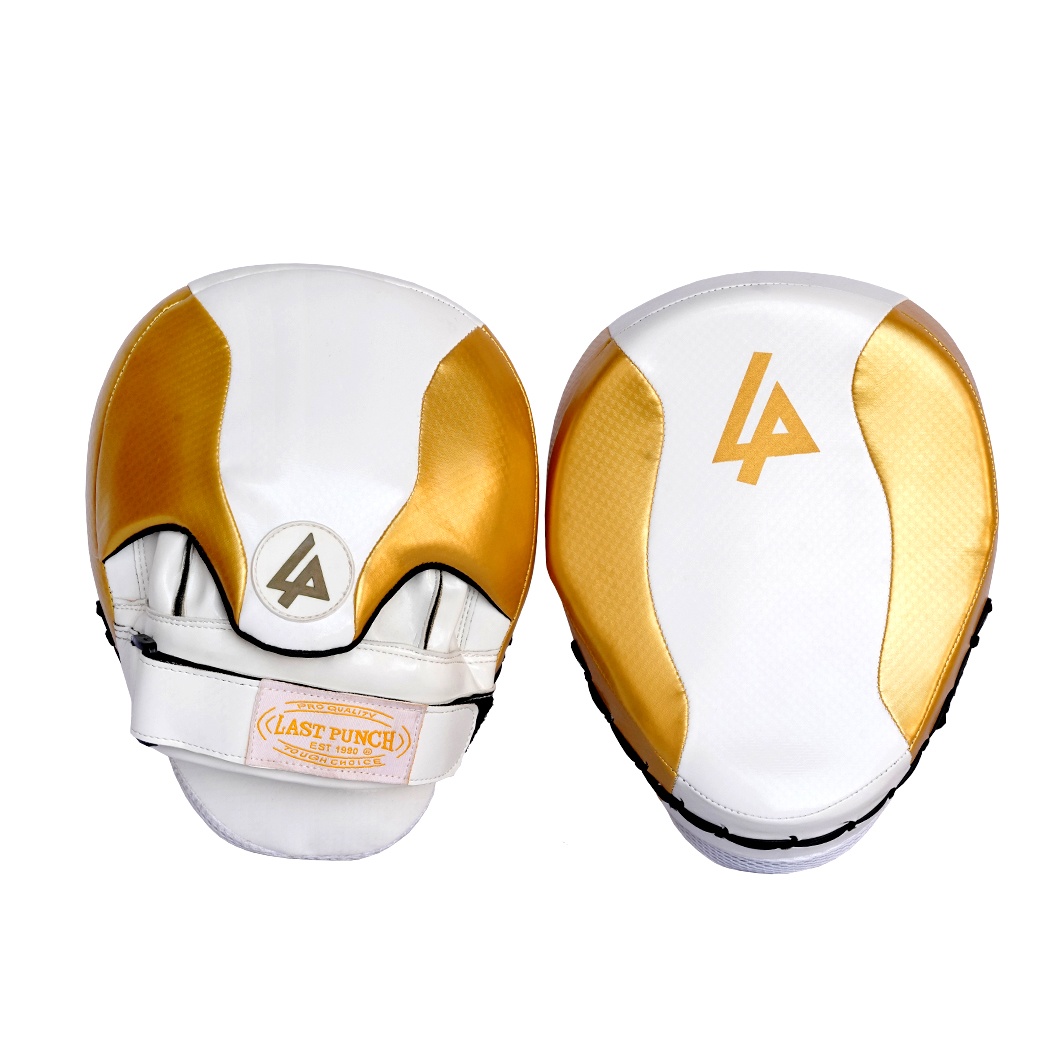 13966 White & Gold Pre Curved Coaching Gloves for Punching Boxing Kicking