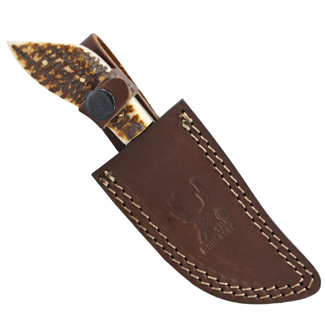 14595 7 in. Burn Bone Handle Damascus Blade Hunting Knife with Sheath