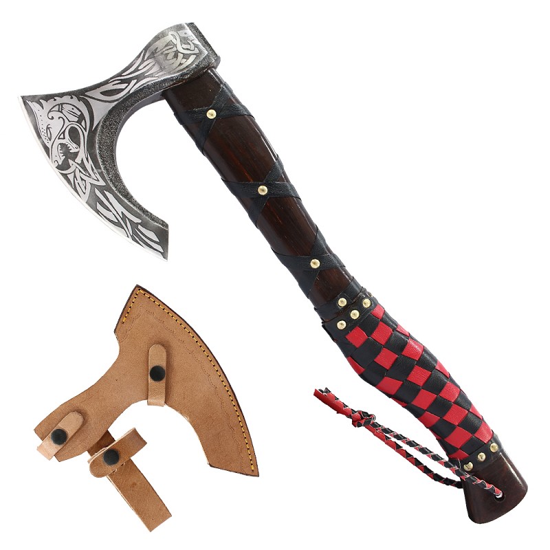 14598 19.5 in. Red & Black Leather Wrapped Handle Steel Blade Hunting Axe with Sheath