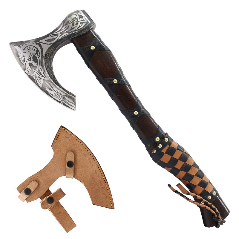 14599 19.5 in. Brown & Black Leather Wrapped Handle Steel Blade Hunting Axe with Sheath