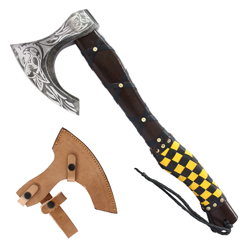 14601 19.5 in. Yellow & Black Leather Wrapped Handle Steel Blade Hunting Axe with Sheath