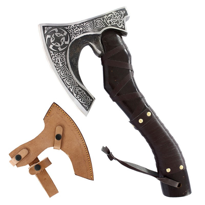 14602 14 in. Brown Leather Wrapped Handle Steel Blade Hunting Axe with Sheath