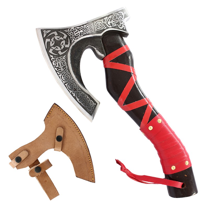 14603 14 in. Red Leather Wrapped Handle Steel Blade Hunting Axe with Sheath