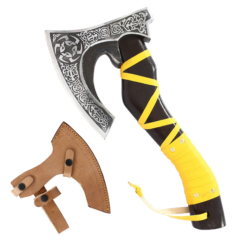 14604 14 in. Yellow Leather Wrapped Handle Steel Blade Hunting Axe with Sheath